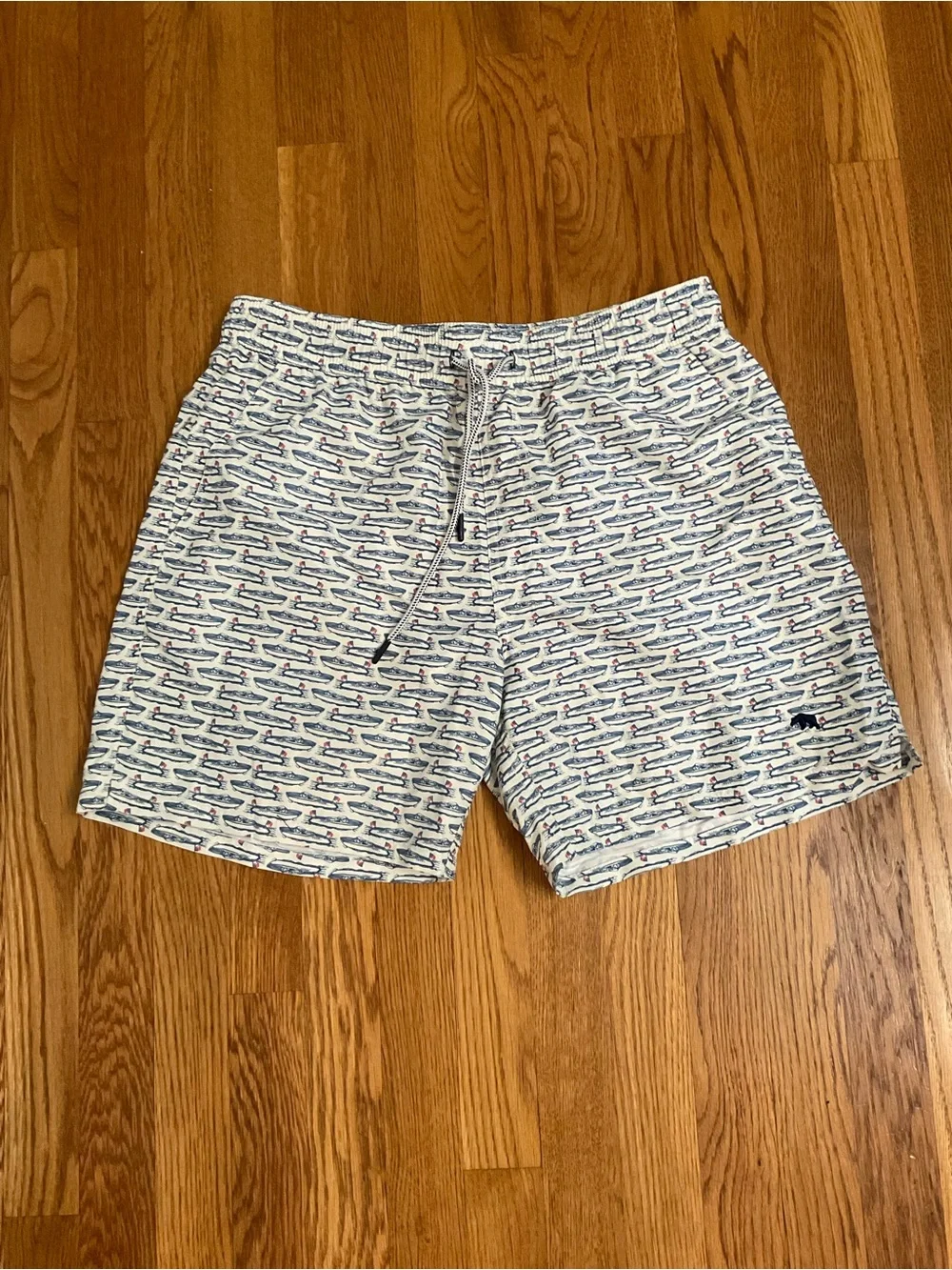 Onward Reserve - Float Your Boat Men's White & Blue Print Swim Trunks. Size L